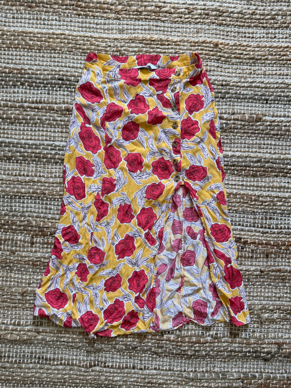 & Other Stories Floral Midi Skirt with slit - Yellow with Red Roses